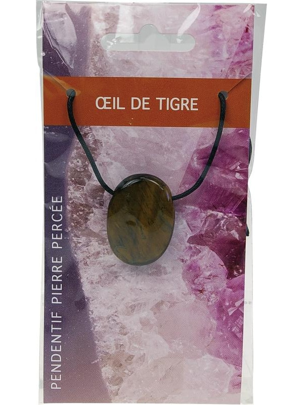 Collier Oeil de Tigre Pierre ovale percée Cordon noir