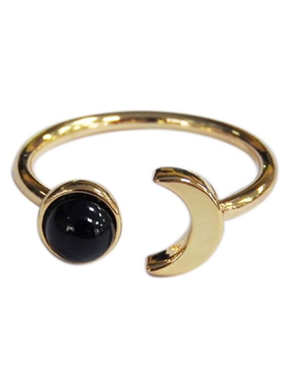 Bague ouverte ajustable avec une pierre d'Onyx Noir et une lune dorée