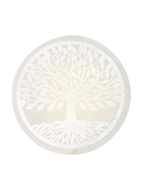 Socle en Sélénite gravé Arbre de Vie 14 cm