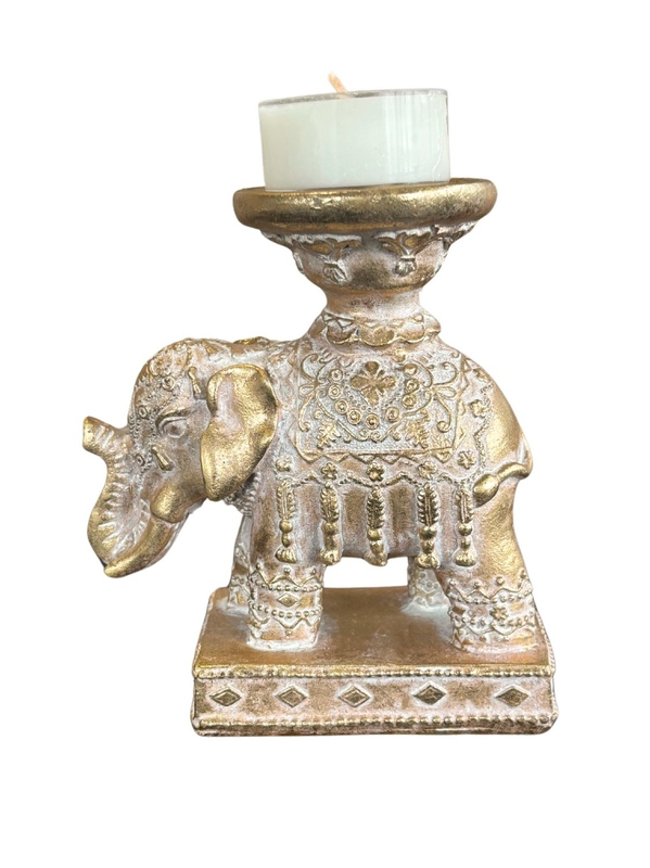Porte-bougie Eléphant Trompe en bas 11,3 cm - Résine - Doré
