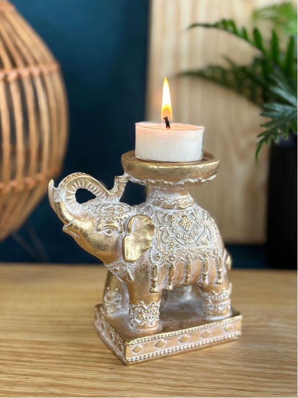 Porte-bougie Eléphant Trompe en l'air 11,3 cm - Résine - Doré